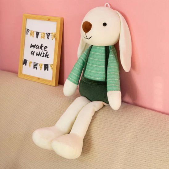 peluche lapin vert assis